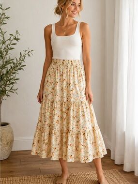 TART TALLI Floral Tiered Maxi Skirt — Cotton Cream with Orange Floral Print